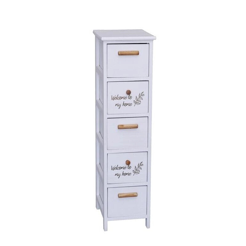 MOBILE BIANCO CON SCRITTA WELCOME COMPRESO DI 5 CASSETTI IN LEGNO DI DIMENSIONI 26 X 32 X 98 CM