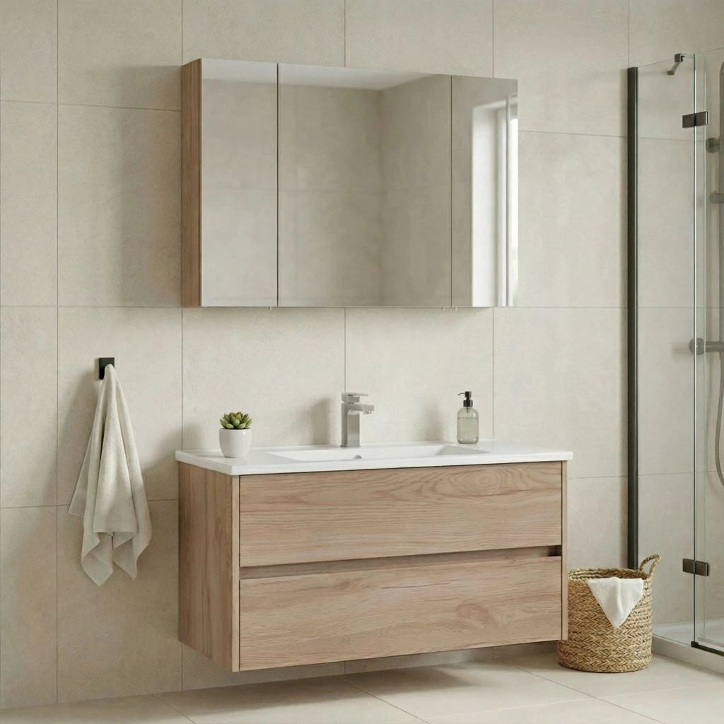 Set mobile lavabo con specchio (2 pezzi) "Side 100 v3" - 100 x 16 x 52 cm - Rovere