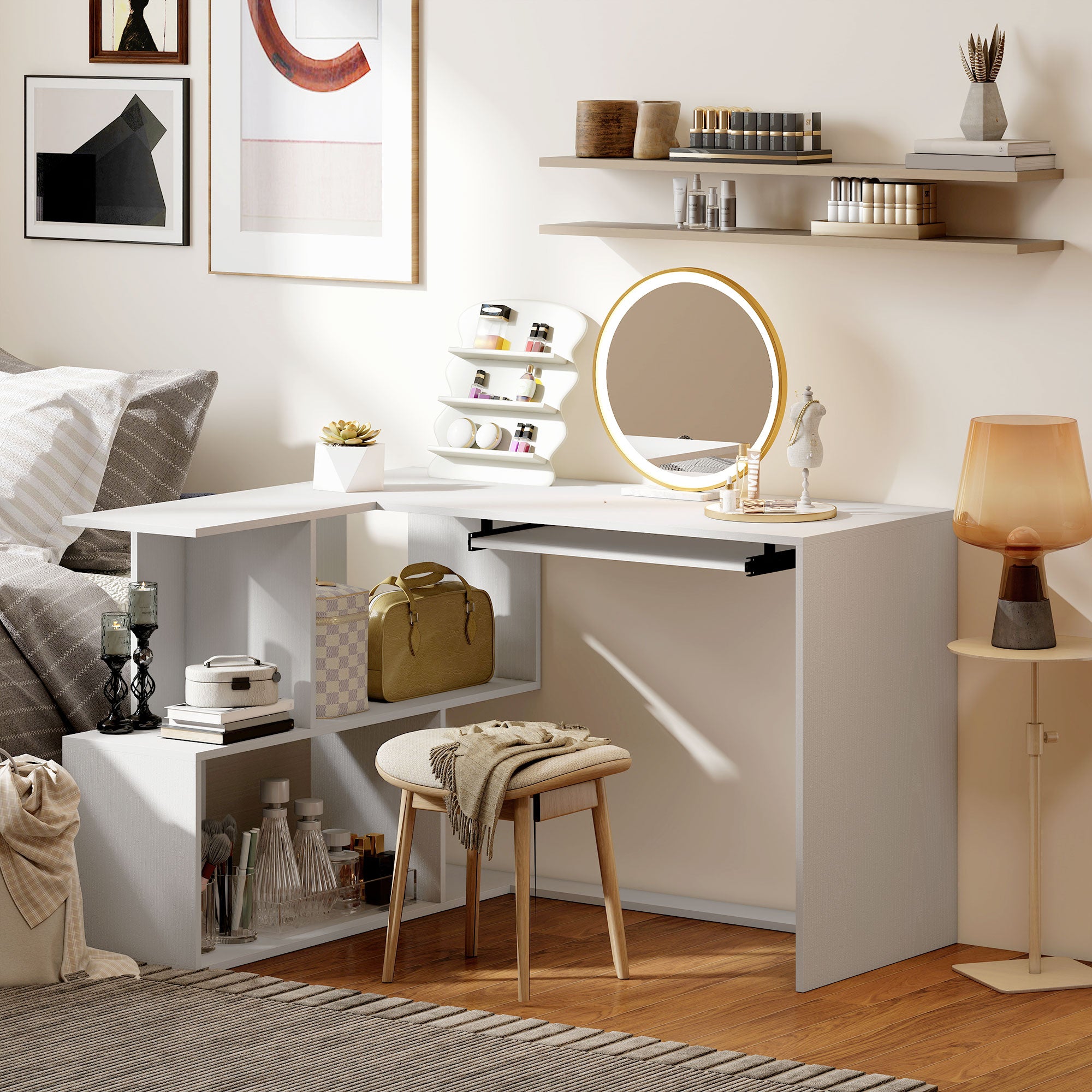 Scrivania Angolare Moderna 120x100x76 cm con Ripiano Scorrevole per Tastiera e Scaffale a 4 Ripiani Bianco