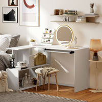 Scrivania Angolare Moderna 120x100x76 cm con Ripiano Scorrevole per Tastiera e Scaffale a 4 Ripiani Bianco