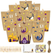 Calendario da riempire per il Ramadan - Eid Mubarak - calendario dell'Avvento - sacchetti marroni e bianchi - carta kraft - decorazioni - sacchetti di regalo - adesivi - 36 chiodi in legno - 10 metri di corda di canapa