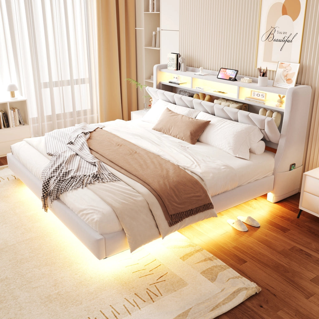 Letto Matrimoniale 180x200 cm con USB; Tipo C; LED; Testiera Contenitore in Velluto Beige