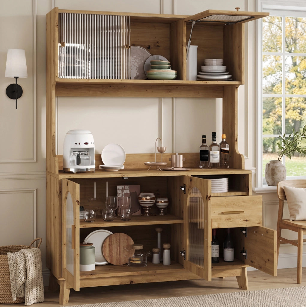 Credenza alta da cucina 120x40x178 cm in truciolare colore legno; con prese USB e frontale acrilico