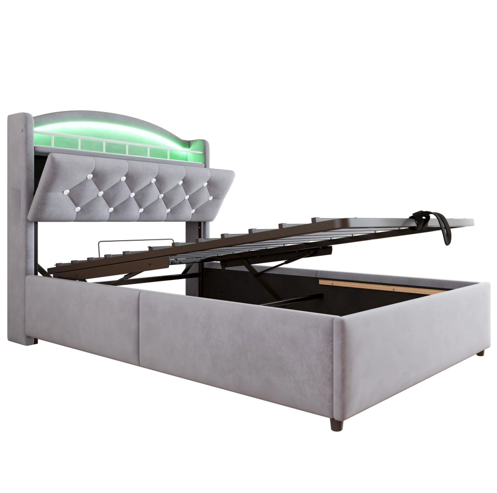 Letto imbottito per bambini 90x200 cm con contenitore; LED; USB e portaoggetti; grigio