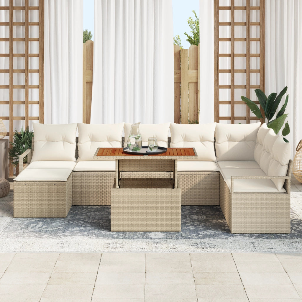 Set di divani da giardino 9 pezzi con cuscini beige in polyrattan e acacia