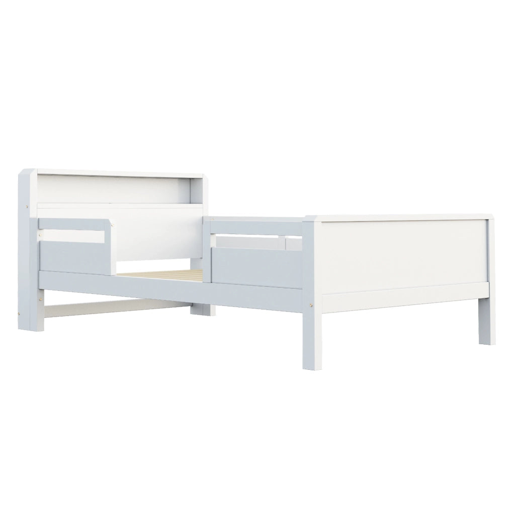 Letto singolo multifunzione 90x200 cm in legno bianco con LED; presa USB e USB-C; testiera con ripiano