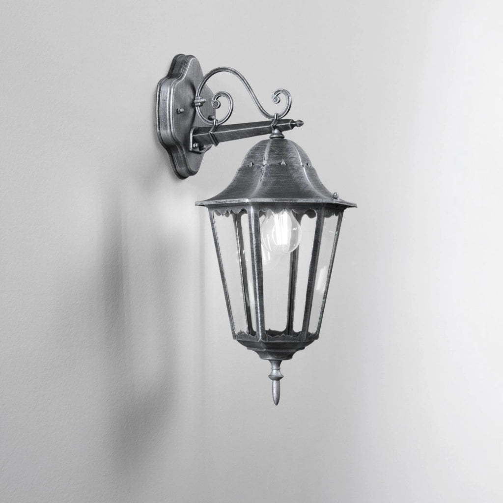 APPLIQUE DOWN FIRENZE NERA E SILVER 1 LUCE ATTACCO E27 IP44 20,5X28,5X51,8CM IN METALLO E VETRO