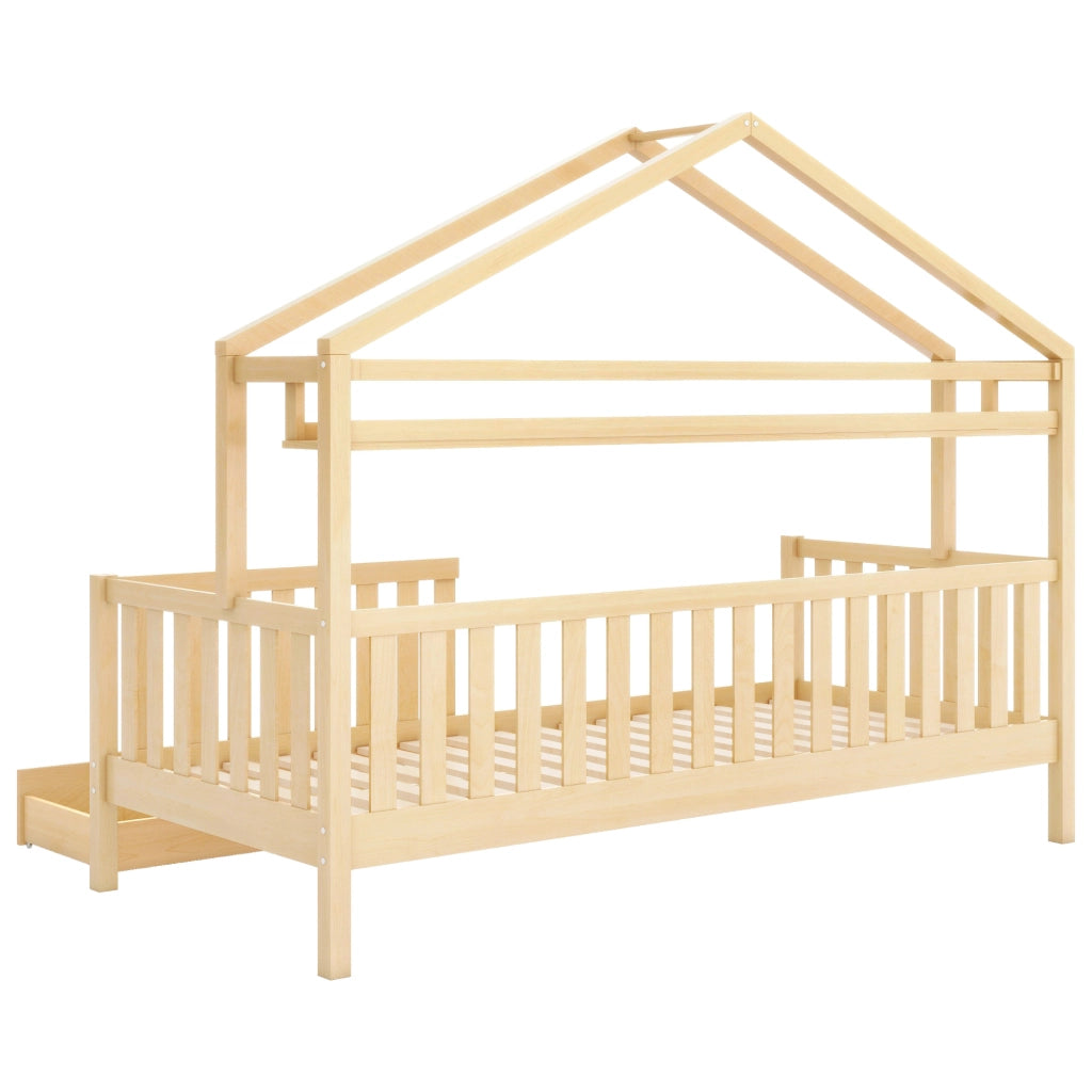 Letto Casetta Singolo 90x200 cm; con Cassetti; Mensola e Sponda in Legno Naturale