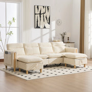 Divano a U modulare per 4 persone con 2 pouf contenitore, tasche laterali e piedi in legno massello in ciniglia beige