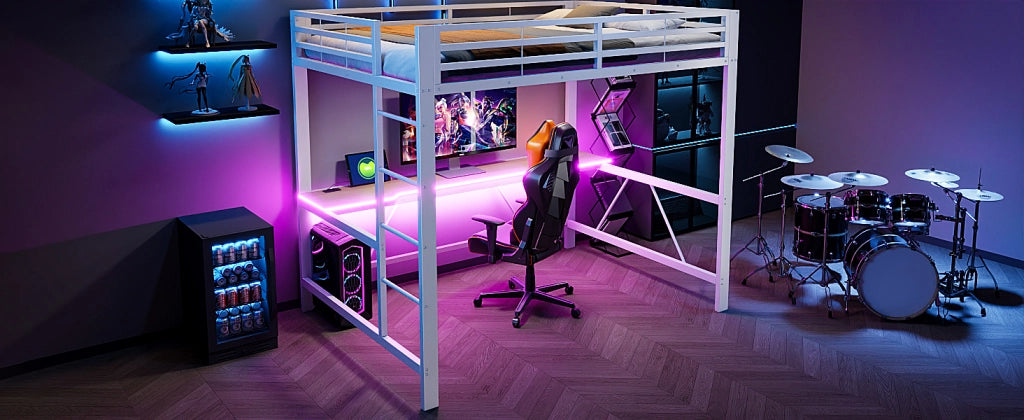 LETTO a soppalco gaming 140x200 cm in metallo e MDF bianco con scrivania e LED