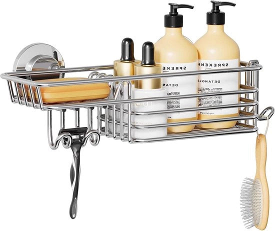 Organizzatore per la doccia con ganci e contenitore per sapone - Organizzatore per la zona bagno pesante - Acciaio inossidabile - Senza forare