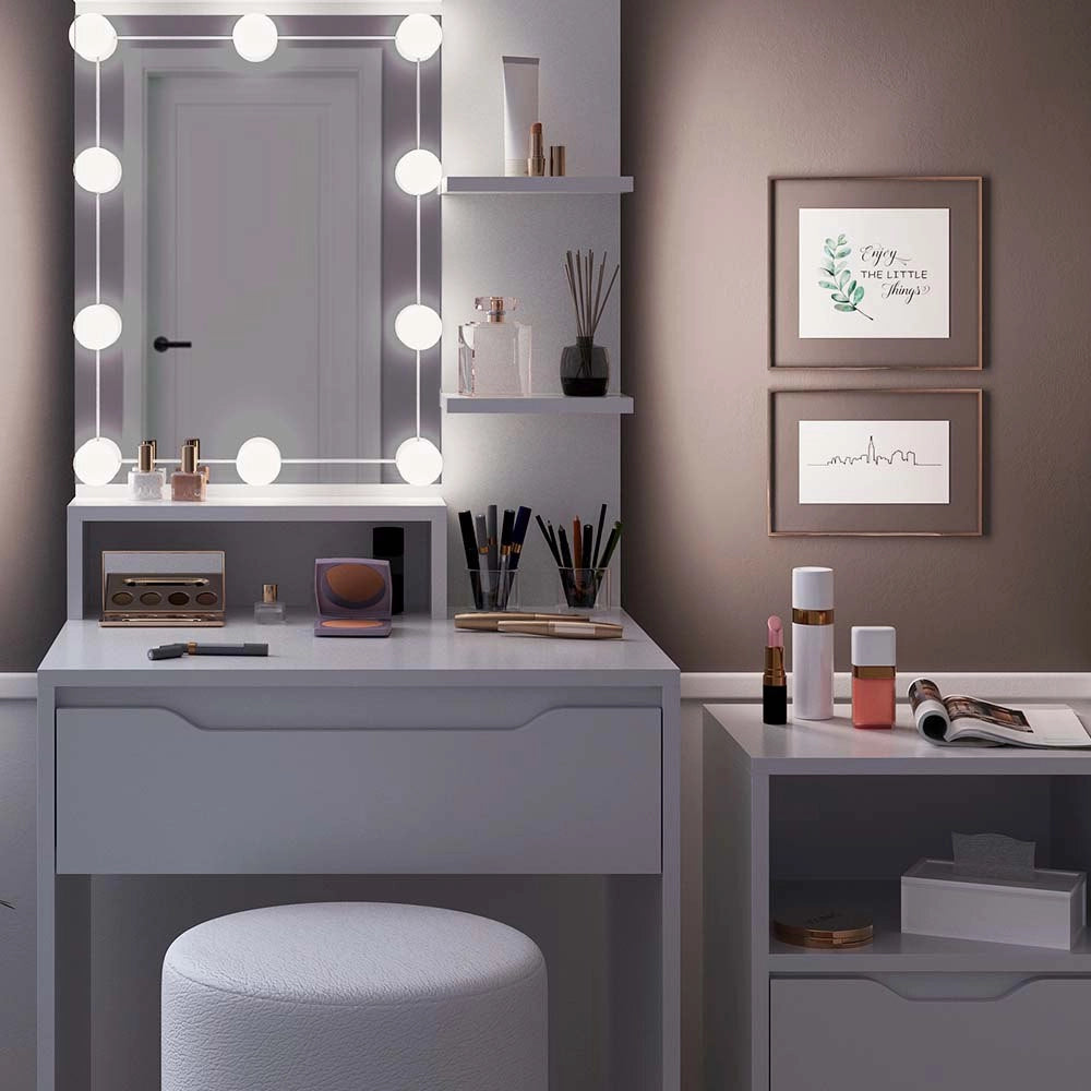Vicco Tavolo da toeletta Bianco con cassettiera, illuminazione a LED e sgabello