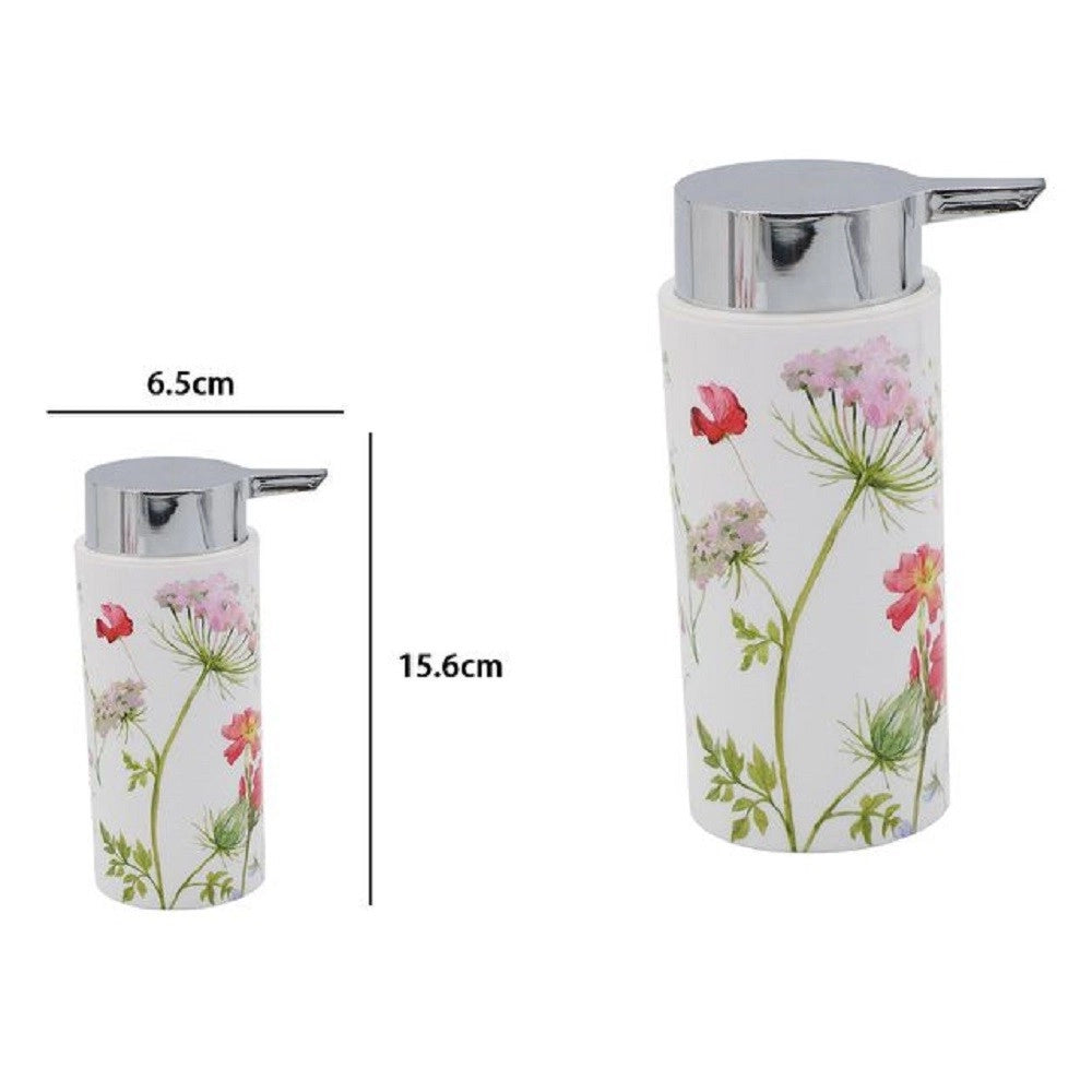 Trade Shop - Dispenser Porta Sapone Liquido Cilindrico Bianco In Plastica 15,6 Cm Fiori 69922 -