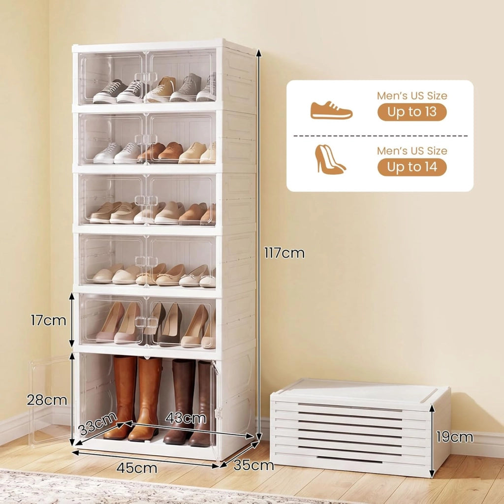 Scarpiera Salvaspazio Pieghevole, Scatole per Scarpe a 6 Livelli per 12 Paia con Porte Magnetiche Trasparenti, Portascarpe per Ingresso, Soggiorno e Camera da Letto, 45 x 35 x 117 cm