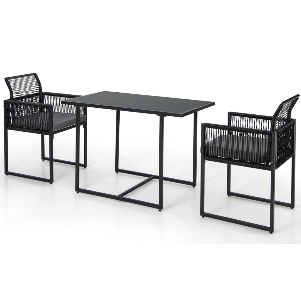 Set di tavolo 2 sedie da esterno in rattan PE con schienali pieghevoli, Set di mobili da giardino Nero-Set mobili da esterno
