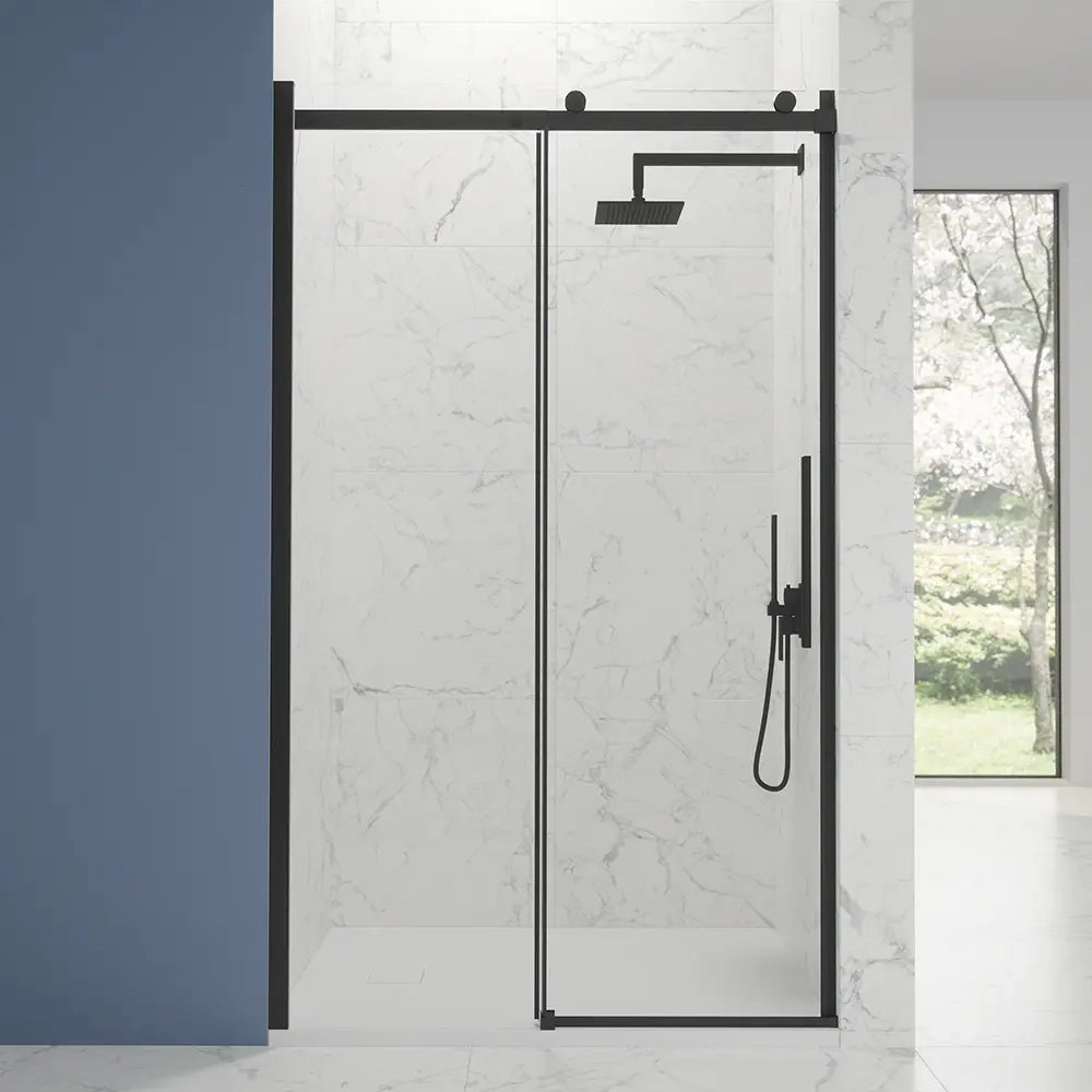 Porta doccia 150cm apertura scorrevole profili nero opaco vetro 8mm trasparente h195 | Creta