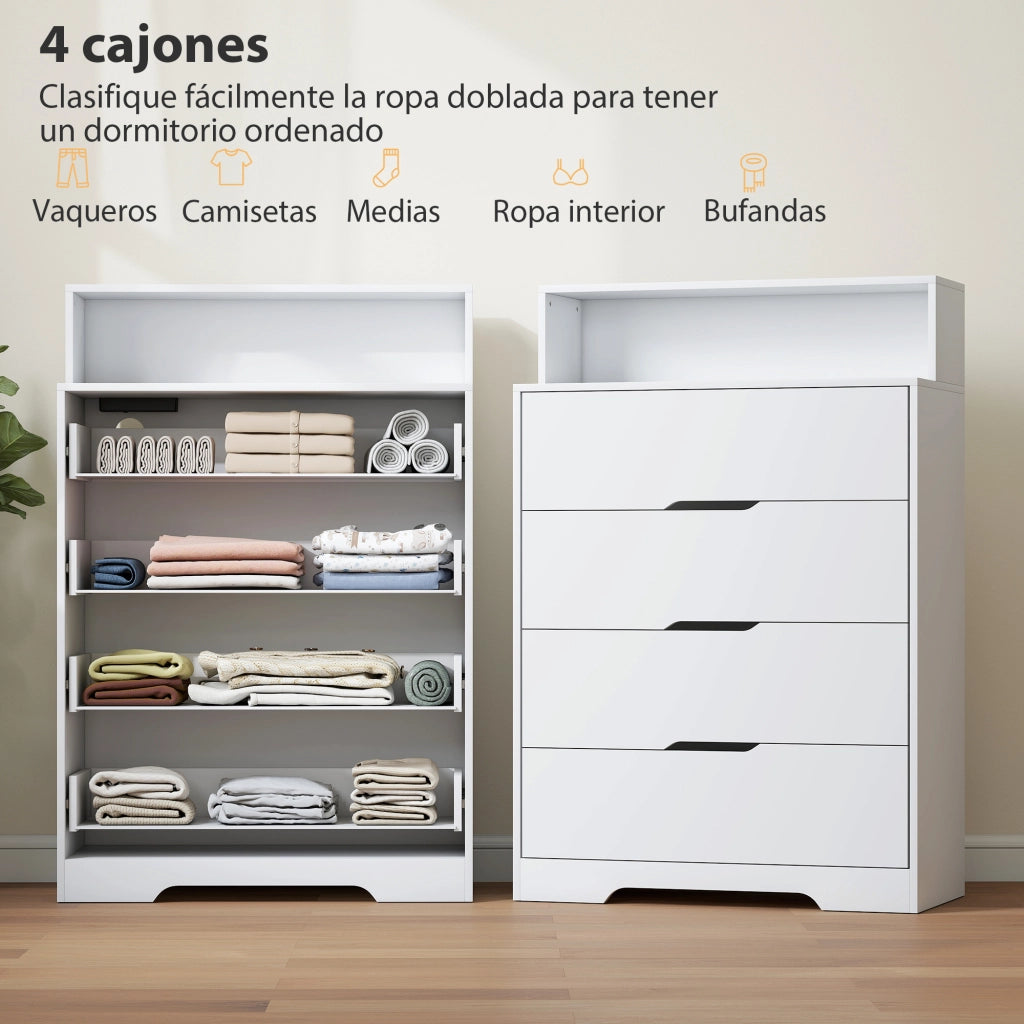 Cassettiera con 4 Cassetti e Stazione di Ricarica USB USB-C ¨C zephmum ¨C Bianco 80x40x120 cm