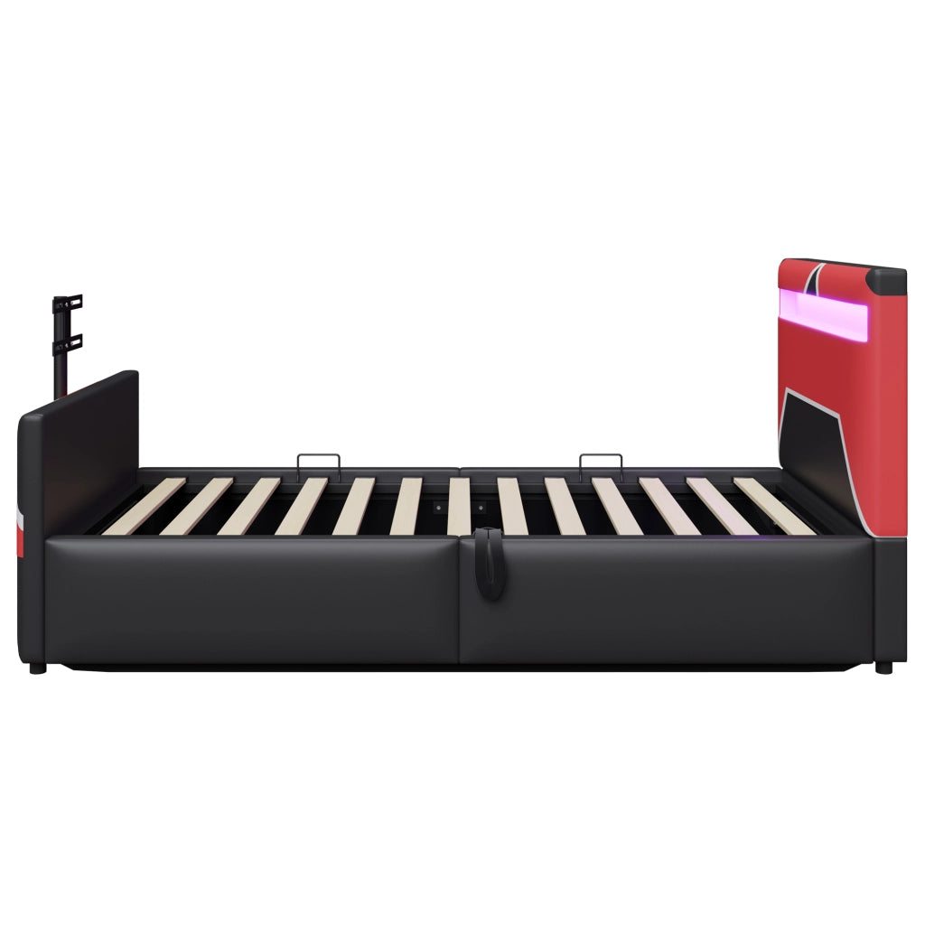 Letto per bambini 90×200 cm con LED; contenitore idraulico e supporto TV; senza materasso; nero
