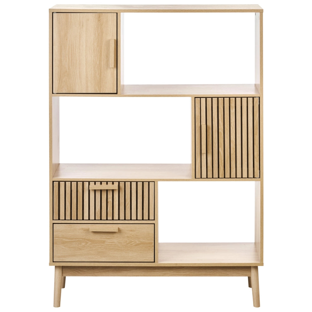 Libreria in legno chiaro MDF gambe in legno di pino 100x35x140 cm 2 cassetti 2 armadi 3 ripiani Scandinavo