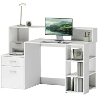 Scrivania con 2 cassetti, scaffali aperti e mensola per stampante, 137x55x92 cm, Bianco