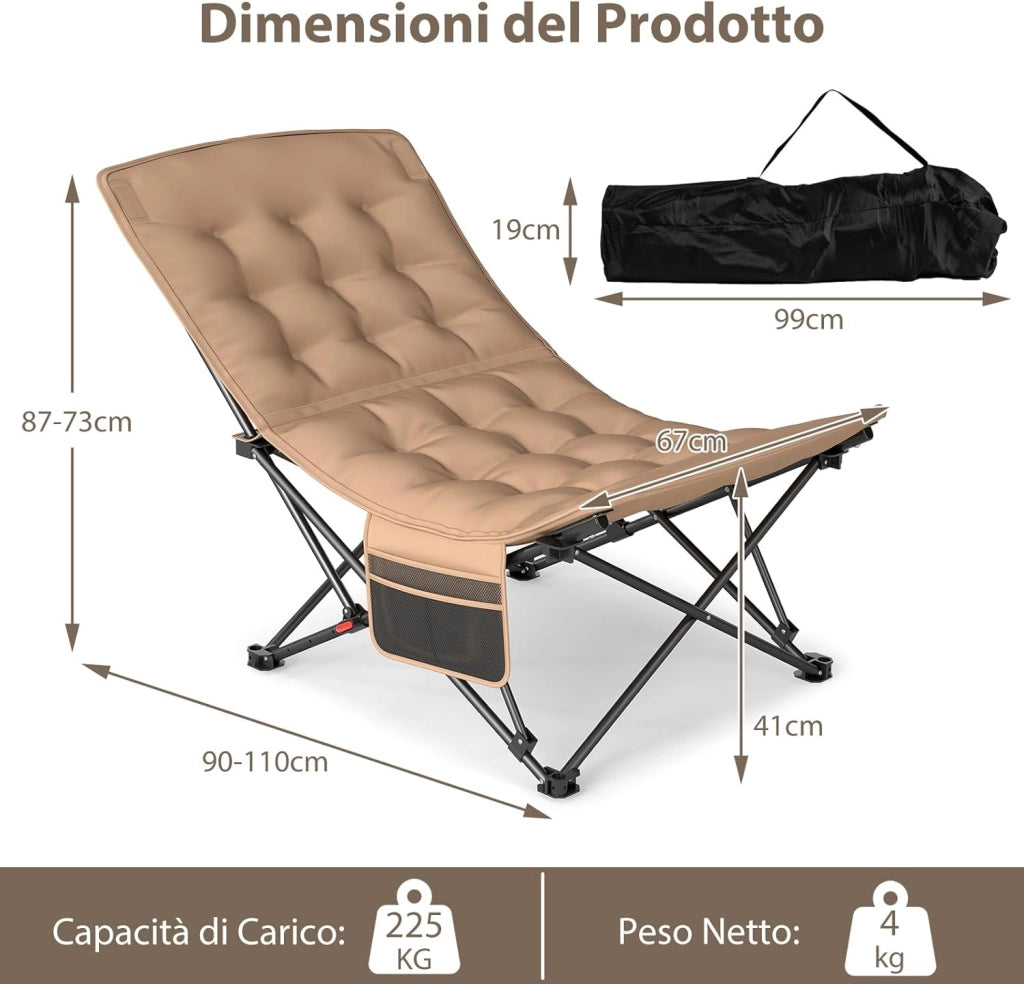 Sedia da Campeggio Pieghevole, Lounge Recliner Portatile con Schienale Regolabile, Sedile Imbottito con Borsa da Trasporto, per Esterno Giardino Cmapeegio, Portata 225 kg