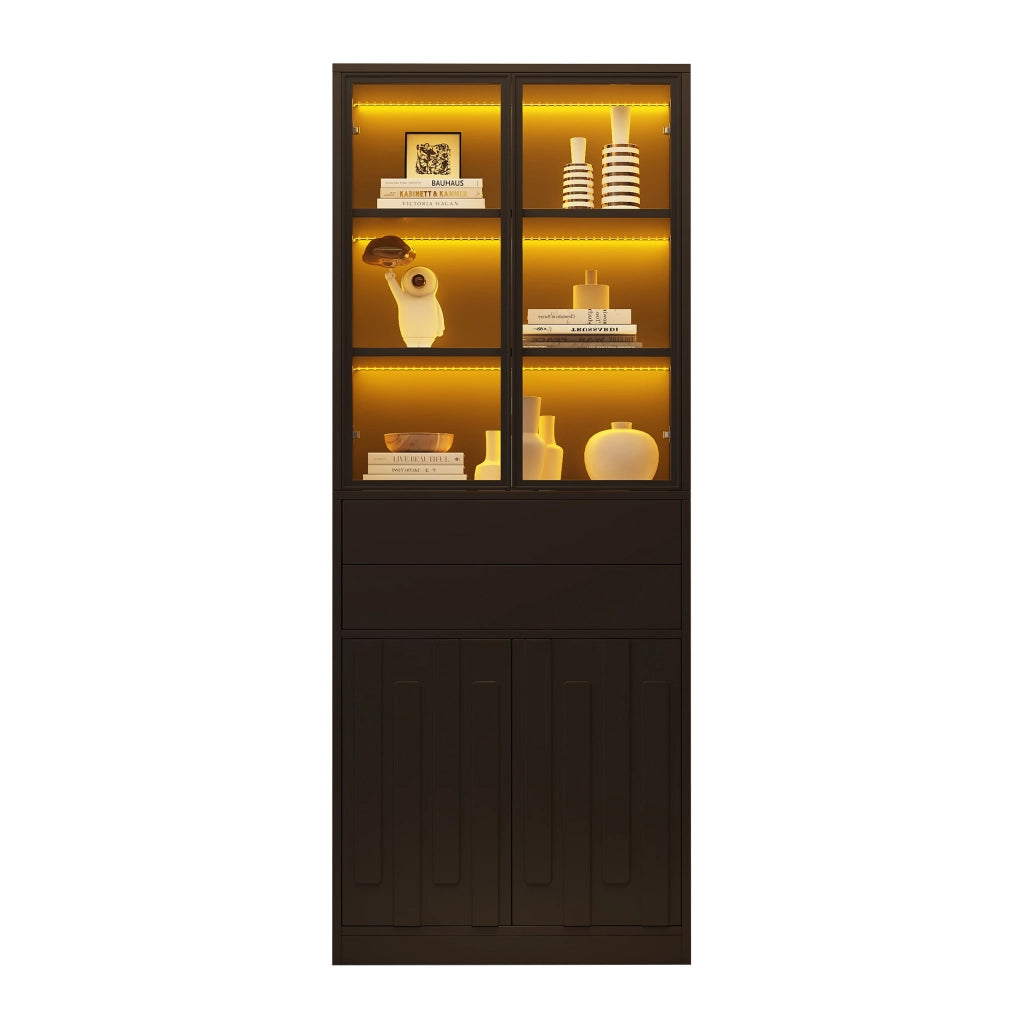 Vetrina alta LED 70x34x180 cm con 2 cassetti; ante in vetro; nero
