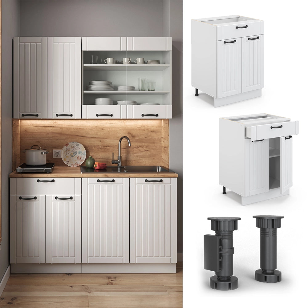 Mobiletto base per cucina Fame-Line Bianco rustico/Bianco 60 cm con cassetto, PL Marmo Vicco