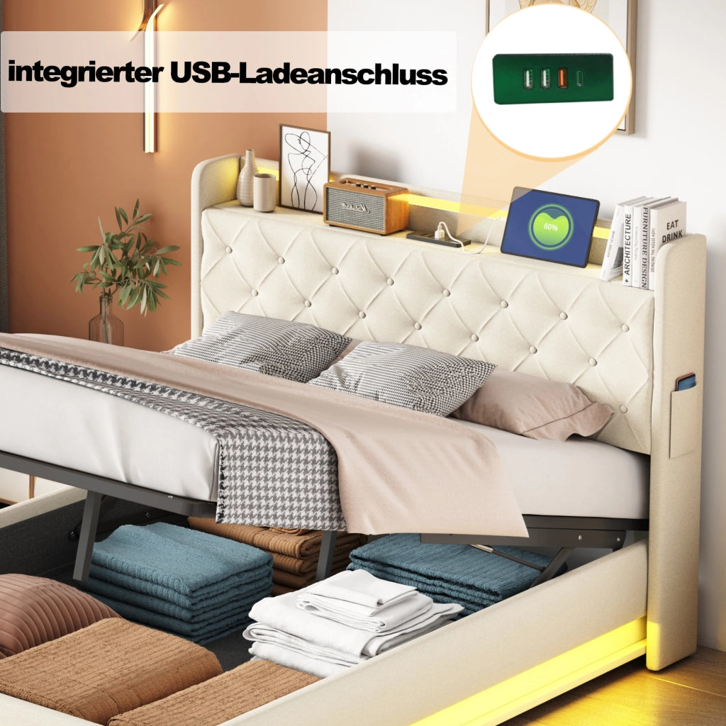 LETTO imbottito LED 140x200 cm beige con USB e vano contenitore idraulico