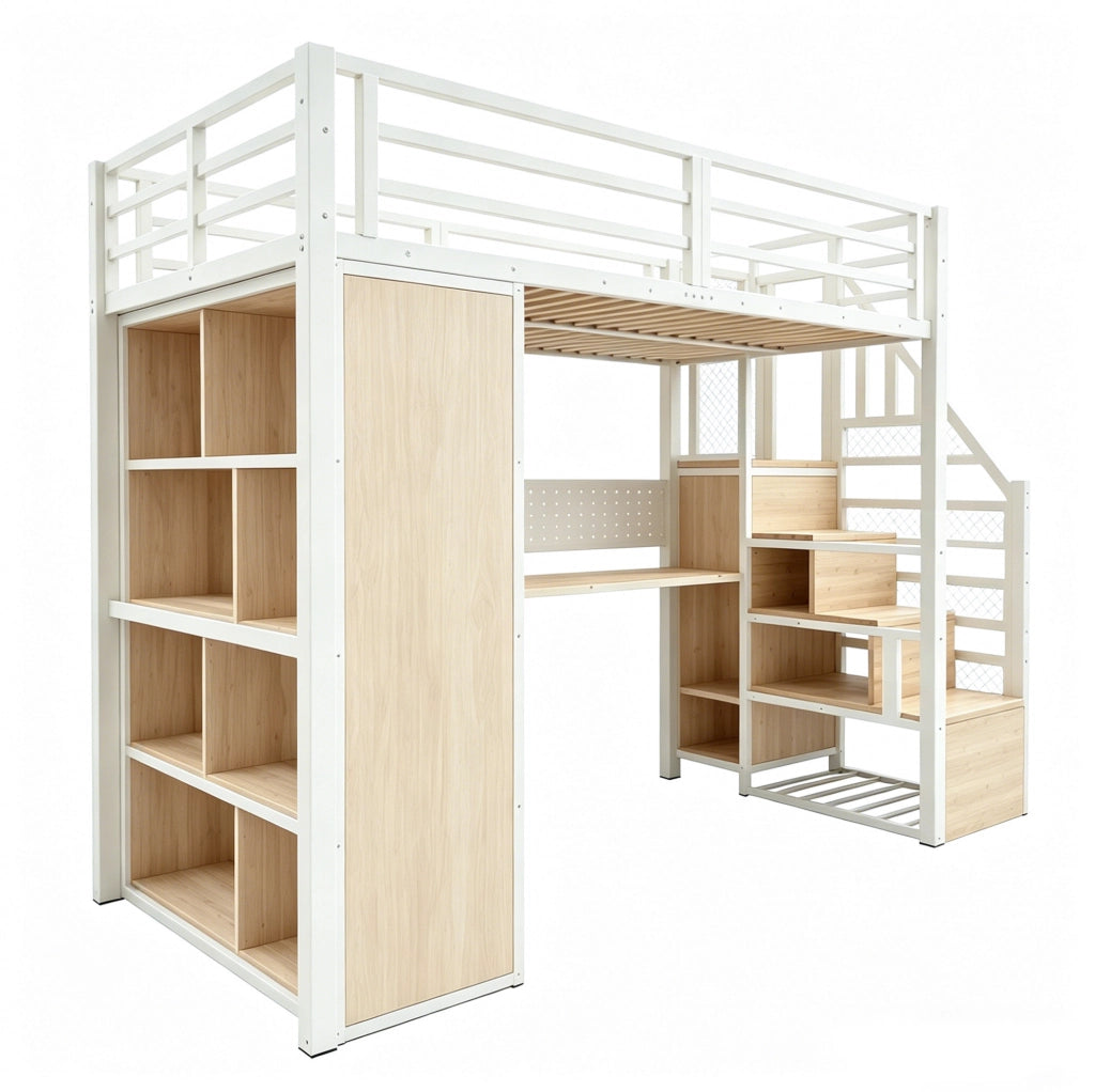 Letto a soppalco 90x200 cm bianco in metallo e MDF con scrivania e armadio