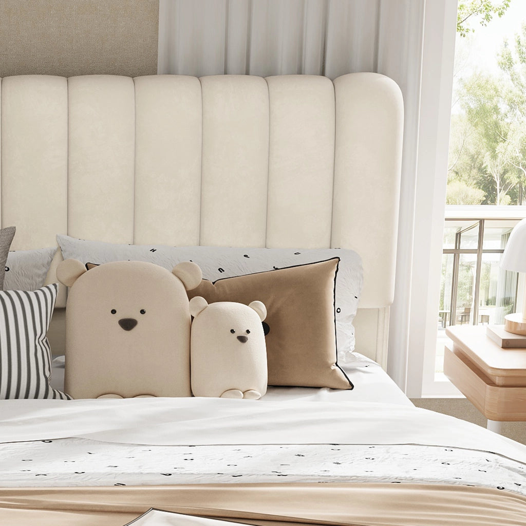 Letto con Cassetti 140x200 cm con Contenitore; 3 Cassetti e LED - in Velluto - Beige