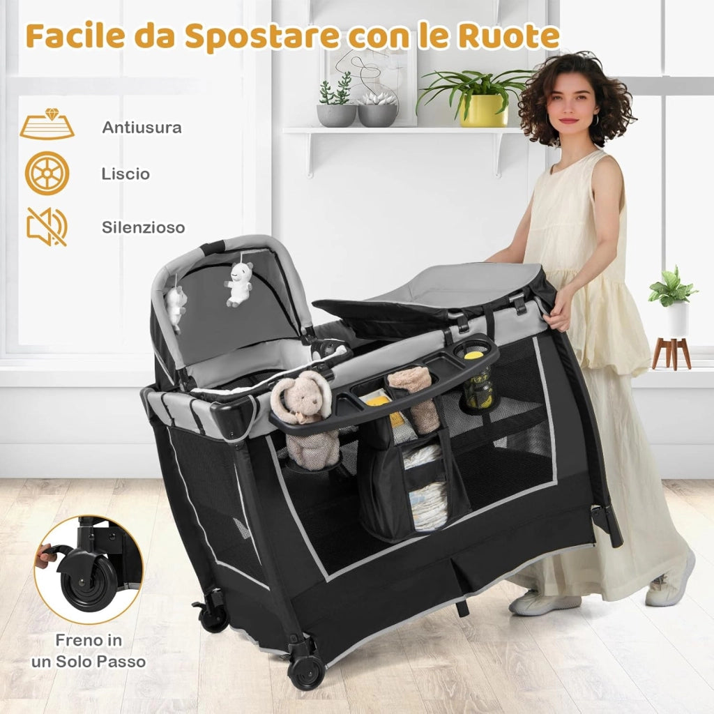 6 in 1 Lettino da Campeggio per Bambini, Culla Viaggio con Materasso, Fasciatoio e Giocattolo, Box Portatile Pieghevole, Ruote Bloccabili, per Banbini 0-3 Anni (Grigio, 105,5 x 73,5 x 77 cm)