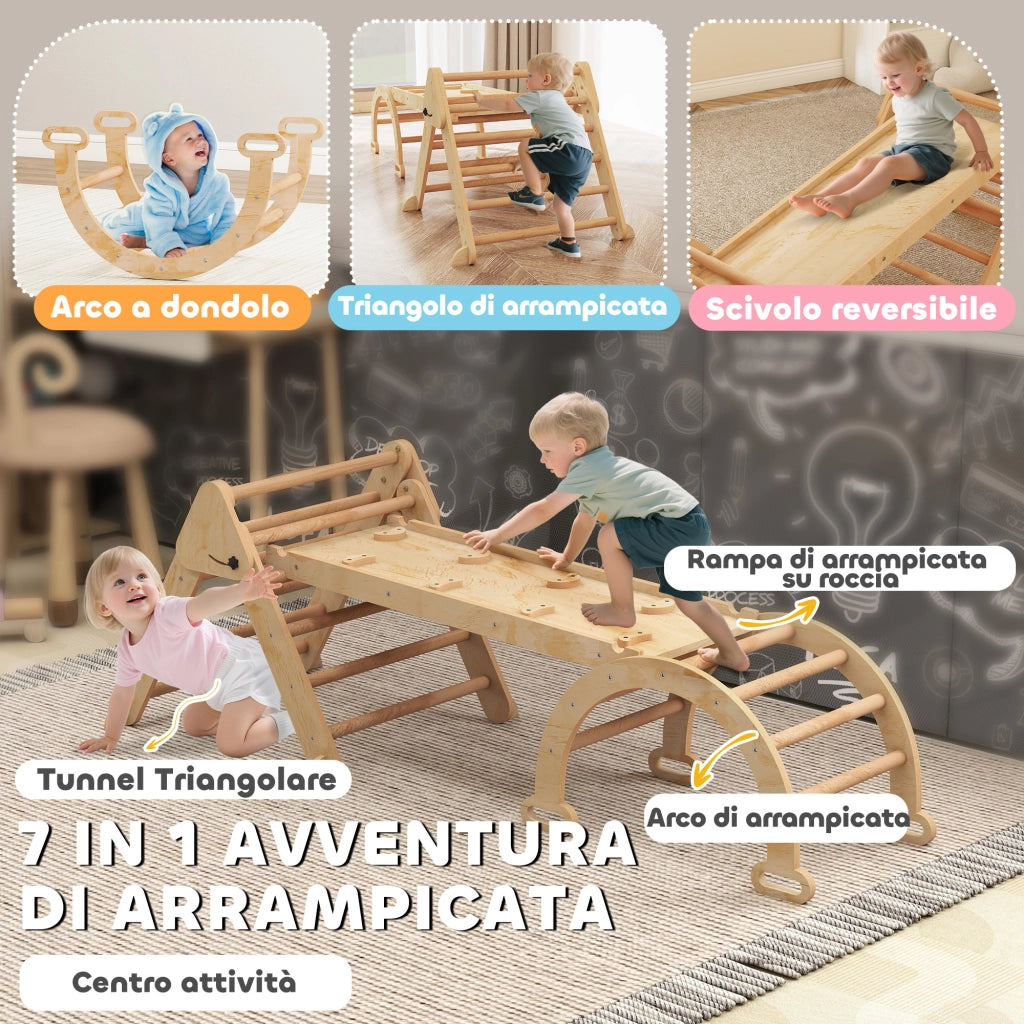 Gioco per Bambini 5 in 1 con Triangolo. Parete Liscia e Arco. in Legno di Pioppo e Pino. 188x70x59 cm
