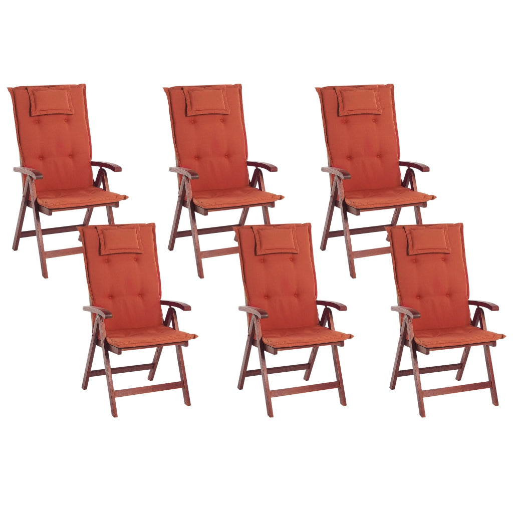 Set di 6 sedie da giardino in legno di acacia cuscino rosso regolabile pieghevole per esterni in stile rustico country