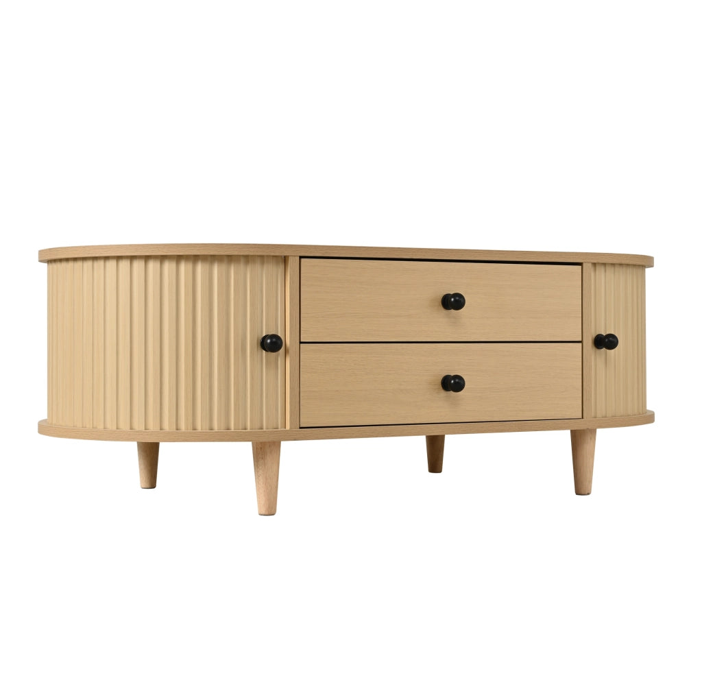 Tavolino da salotto 100x50x36 cm con ante scorrevoli e 2 cassetti in MDF naturale
