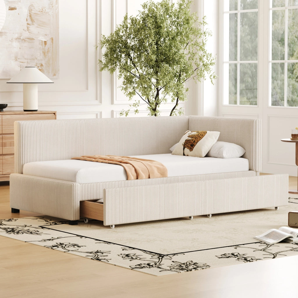 Divano letto imbottito in velluto beige 90x200 cm con 2 cassetti e rete a doghe