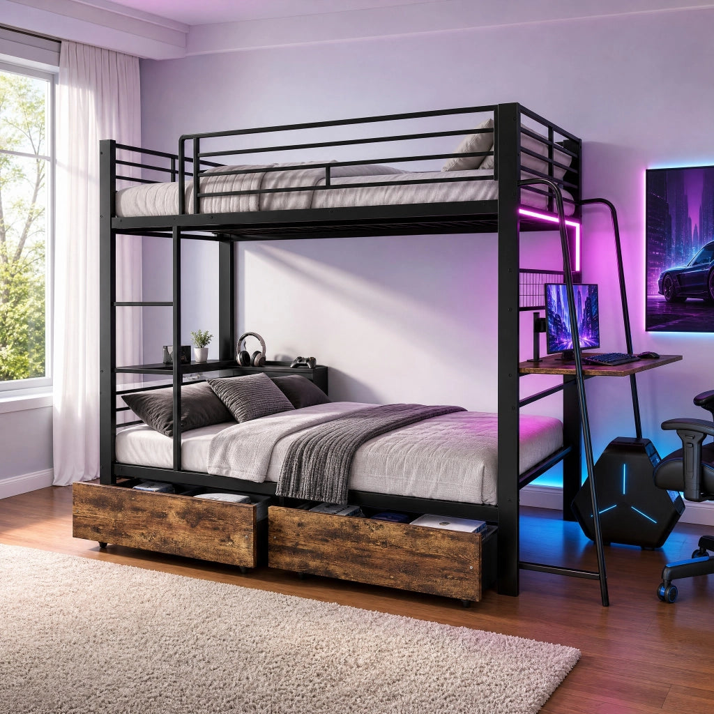 Letto a soppalco 90x200 cm con scrivania; illuminazione LED; MDF e metallo; nero