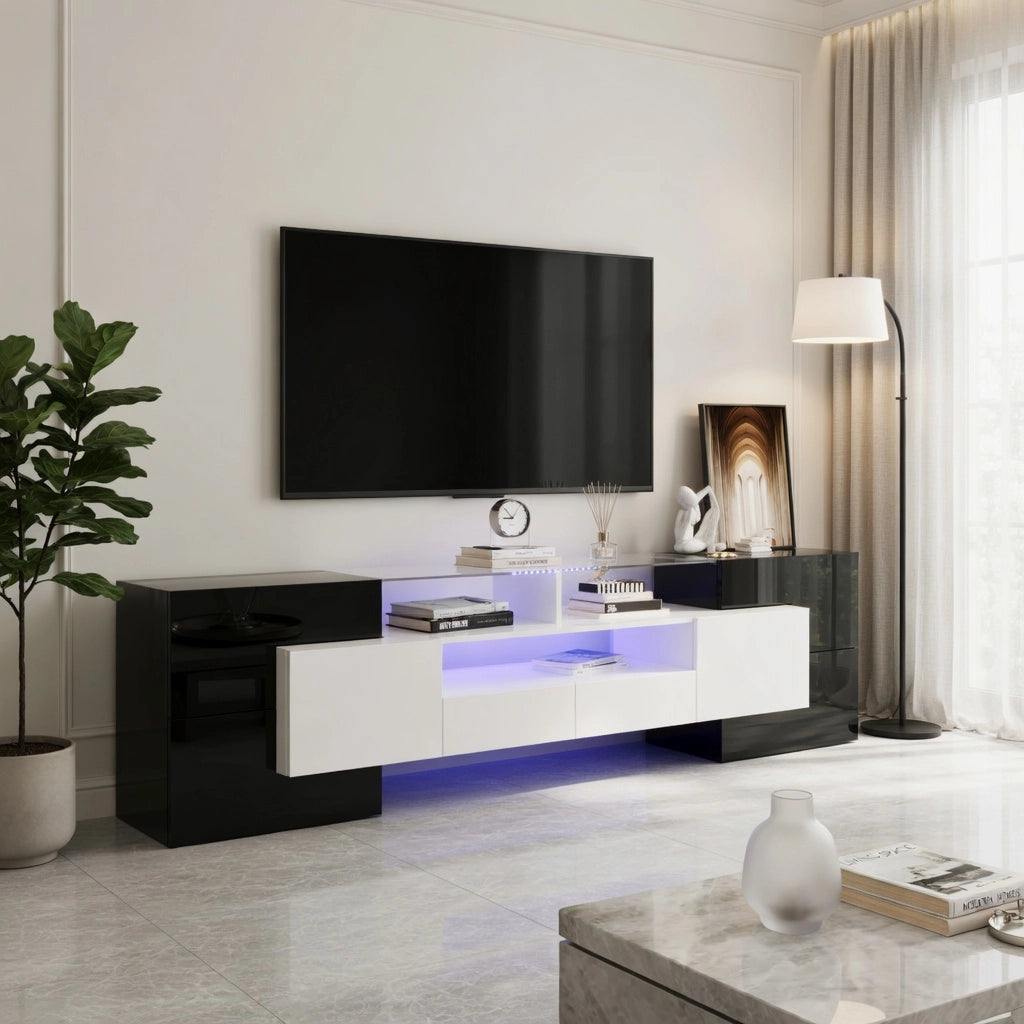 Cassettiera per TV nera e bianca in truciolato lunghezza 200 cm