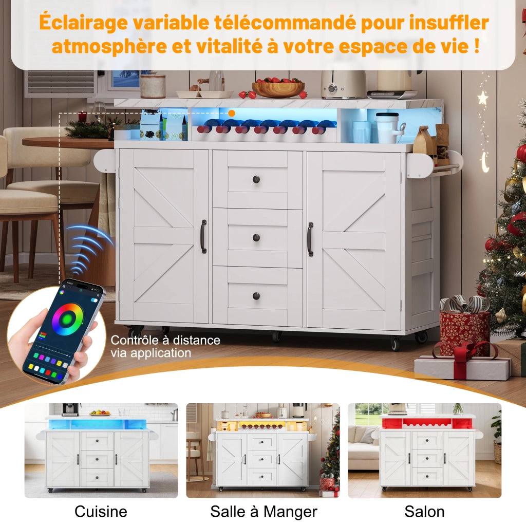 Isola da Cucina con 2 Ante; 3 Cassetti; Piano Pieghevole e LED; in MDF; 138x60x93 cm; Bianco