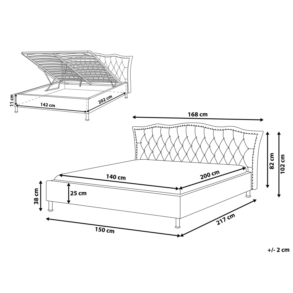 Letto matrimoniale in tessuto grigio 140 x 200 cm  struttura imbottita con ripiano per la testa dei chiodi Bottoni in cristallo Poggiatesta