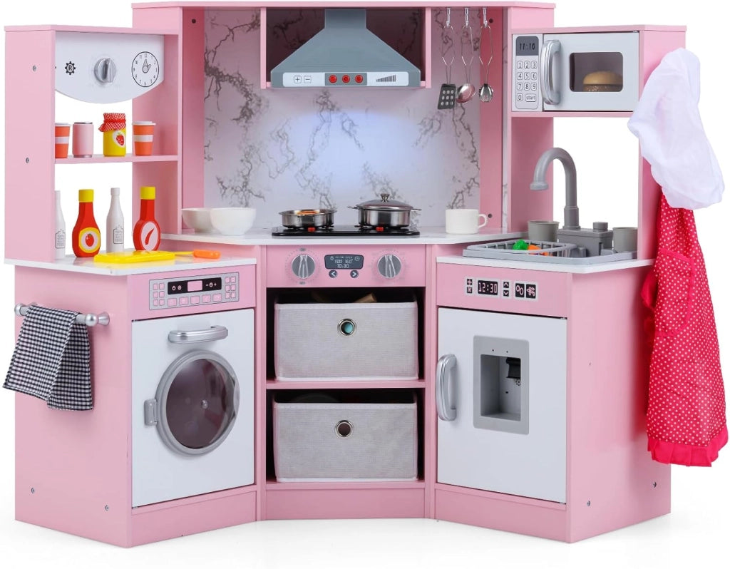 Cucina Giocattolo per Bambini, Set Cucina in Legno con Accessori, Luci e Suoni, Cappa, Fornelli, Microonde e Lavatrice, per Bambini 3+ Anni, 102 x 51 x 85 cm (Rosa)