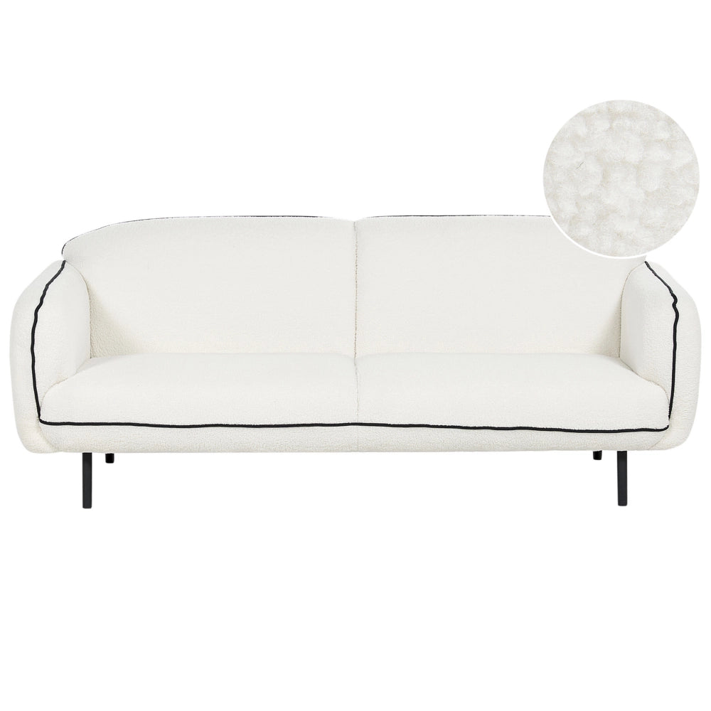 Divano a 3 posti Tessuto boucle bianco Morbido Nubby Gambe in metallo Bordi decorativi neri Stile retro Glam Art Decor