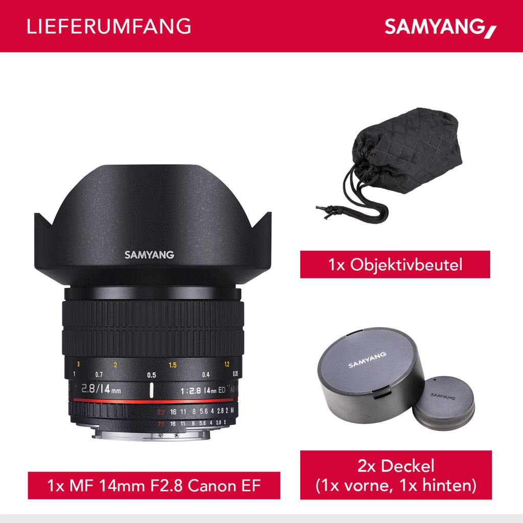 MF 14mm F2.8 Canon EF - obiettivo grandangolare per full-frame e APS-C, fotografia di paesaggio, messa a fuoco manuale, incluso borsa e tappi protettivi