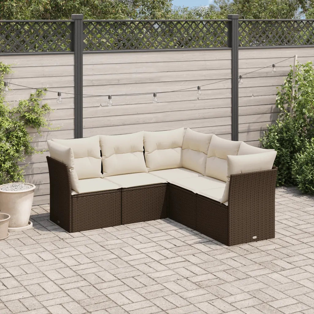 Set Divano da Giardino 5 pz | Set Salotto da Giardino con Cuscini Marrone in Polyrattan