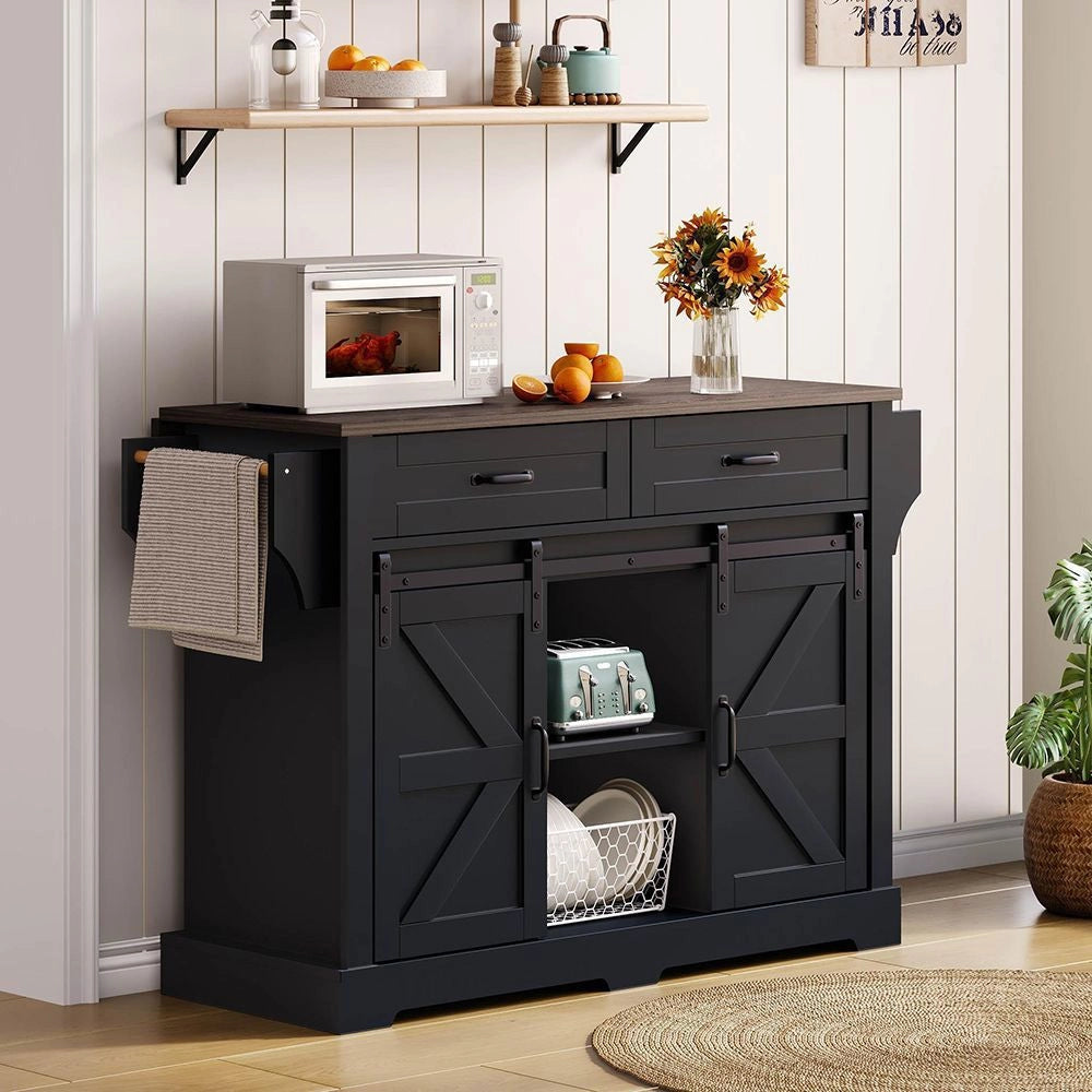 Isola cucina con piano ribaltabile - Xylo - 120¡Á45¡Á91 cm - Nero - Carrello con ruote, ante scorrevoli