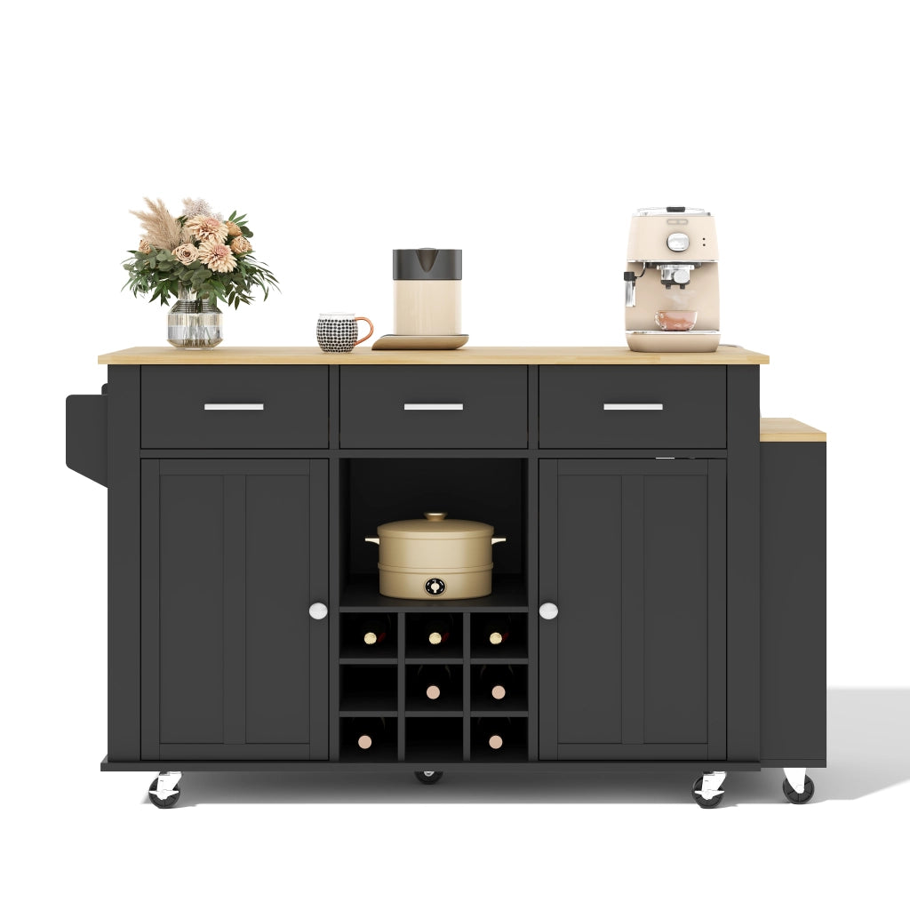 Isola cucina mobile con piano estraibile, 3 cassetti, portabottiglie, presa USB e 7 ruote, 136(223)x50x93 cm, nero/effetto naturale