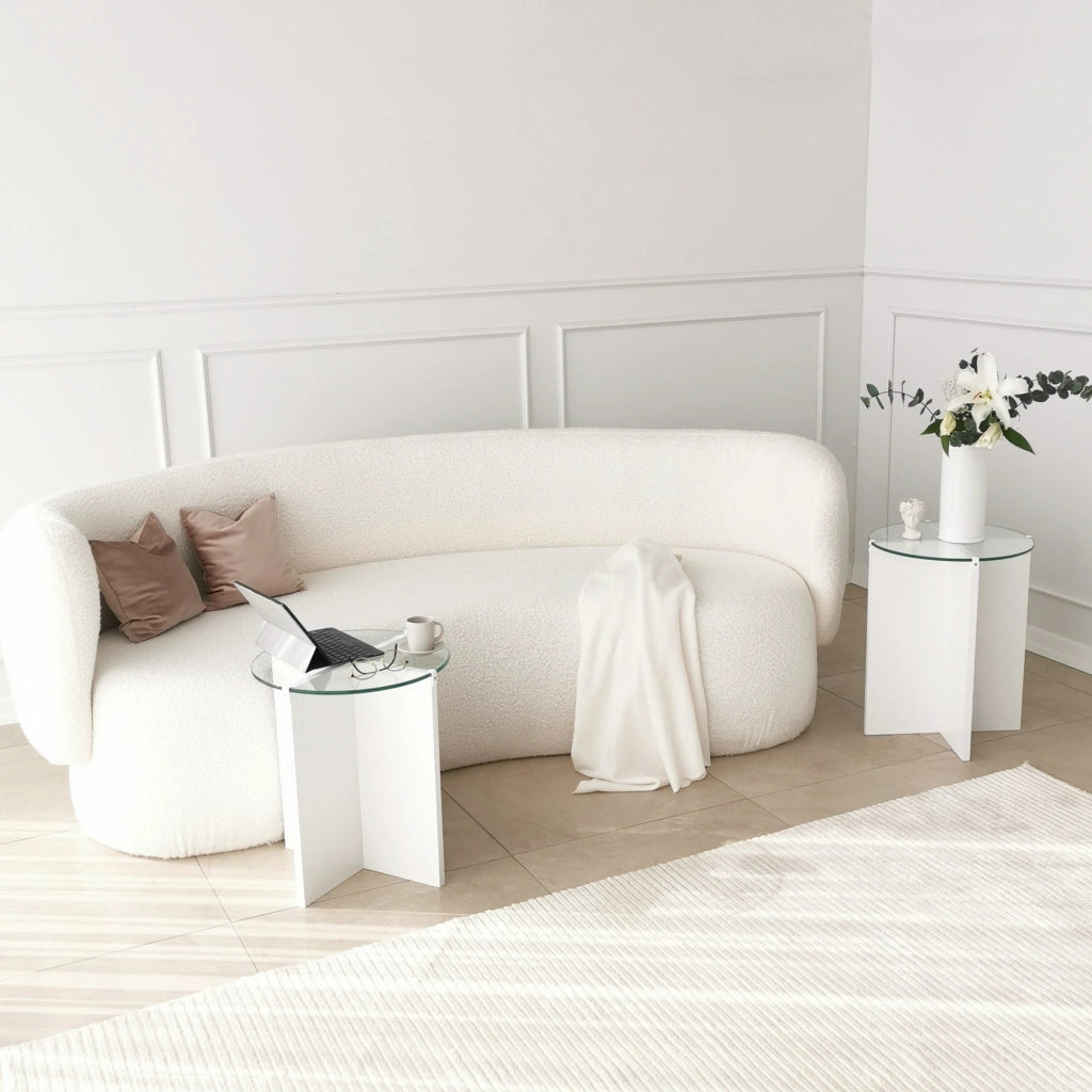 Genga, Tavolino da Salotto set 2 Pezzi Vetro Temperato, 70x70x38h cm Bianco