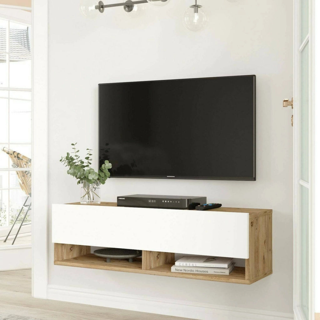 Mobile porta TV Iva, Credenza da soggiorno, Armadio basso per TV, Base parete attrezzata, 100x32h29 cm, Quercia e Bianco