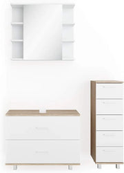 Set mobili bagno Ilias, Bianco/Sonoma, 80 cm, composto da mobile sottolavabo, specchiera e mobile medio