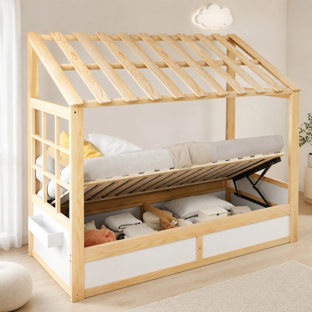 Letto per bambini 90x200 cm con vano idraulico e ripiani laterali; bianco e naturale