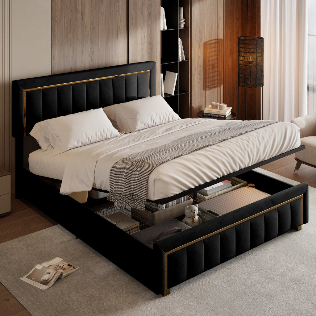 Letto matrimoniale con contenitore idraulico, velluto nero, testiera imbottita con finiture dorate, struttura robusta, dimensioni 160x200 cm, max portata 250 kg